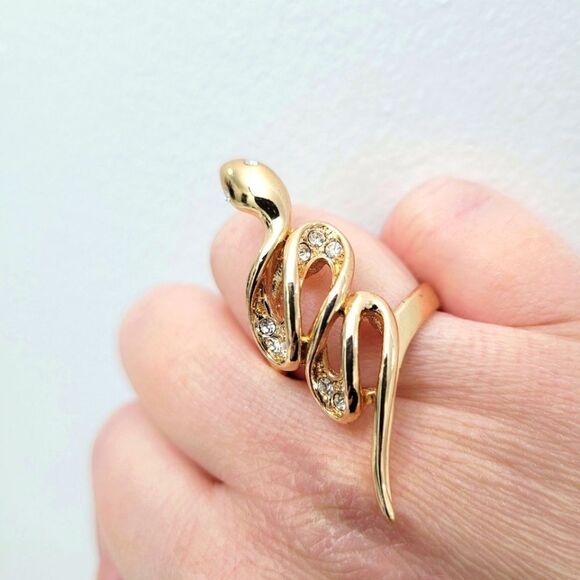 Vintage Jewelry - Brand New Gold Plated Snake Rhinestone Ring Size: 9US